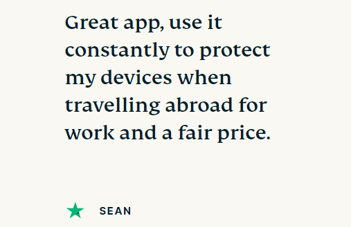 Expressvpn review by SEAN. Great app, use it to protect my devices when travelling abroad for work. Fair prices. 